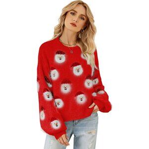 Women's Ugly Christmas Red Sweater Funny Santa Knit Pullover Holiday Party Top